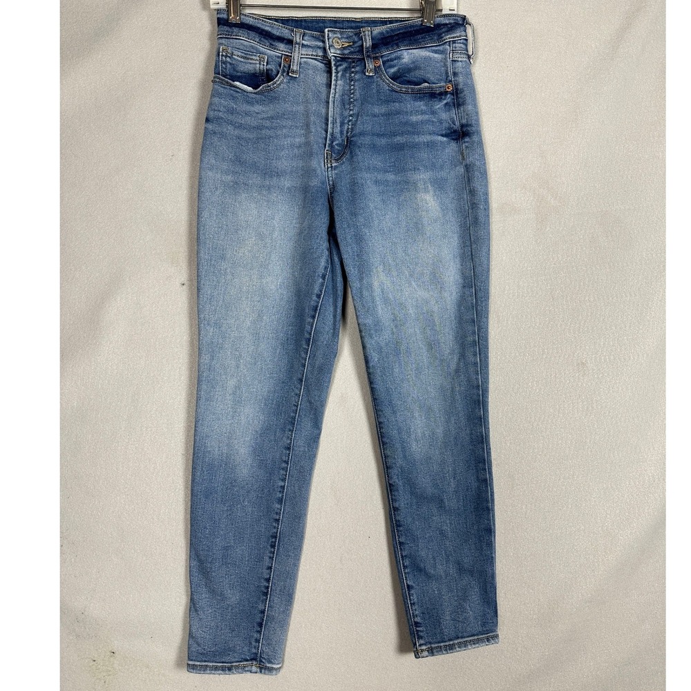 Old Navy Jeans Women 4 O.G. Straight Blue High Rise Extra Stretch Distressed EUC